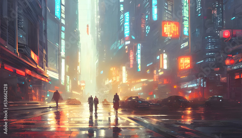 a cyberpunk city street with neonlights and dark silhouettes of people, foggy air, cinematic light - game concept - oil panting - concept art - illustration