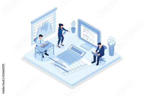 Financial advisor with client analyzing financial report. Man meeting accountant for advice. Business consultant at work, isometric flat vector modern illustration