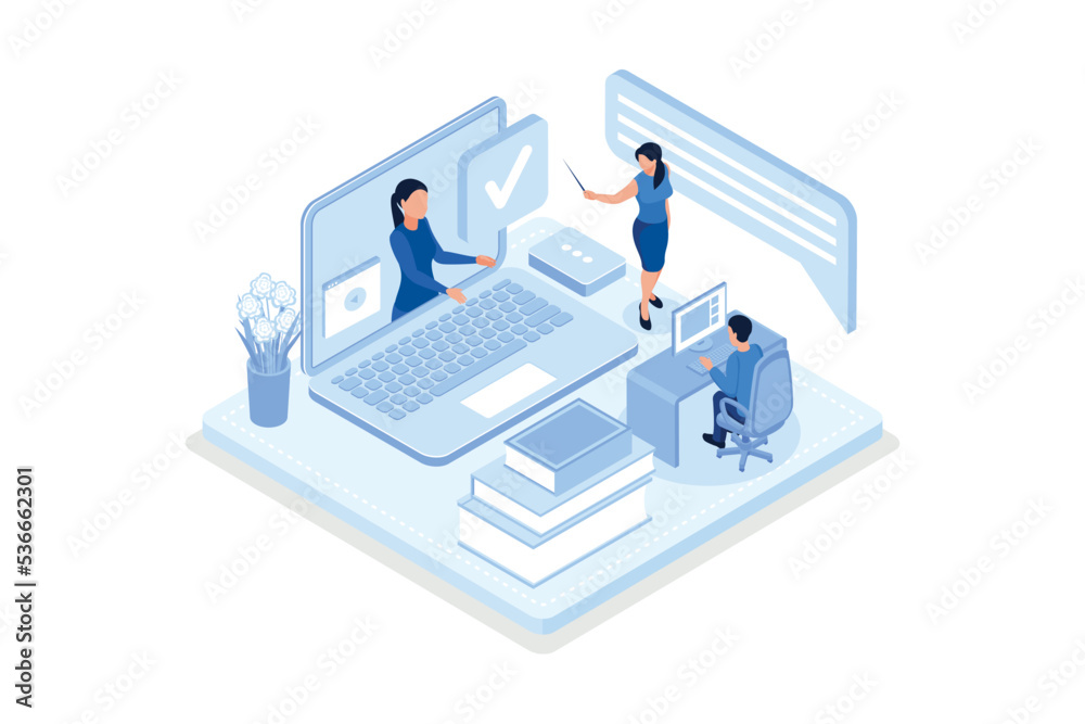 Student Learning Online at Home. Character Sitting at Desk, Looking at Laptop and Studying with Smartphone, Books and Exercise Books. Online Education Concept, isometric vector modern illustration