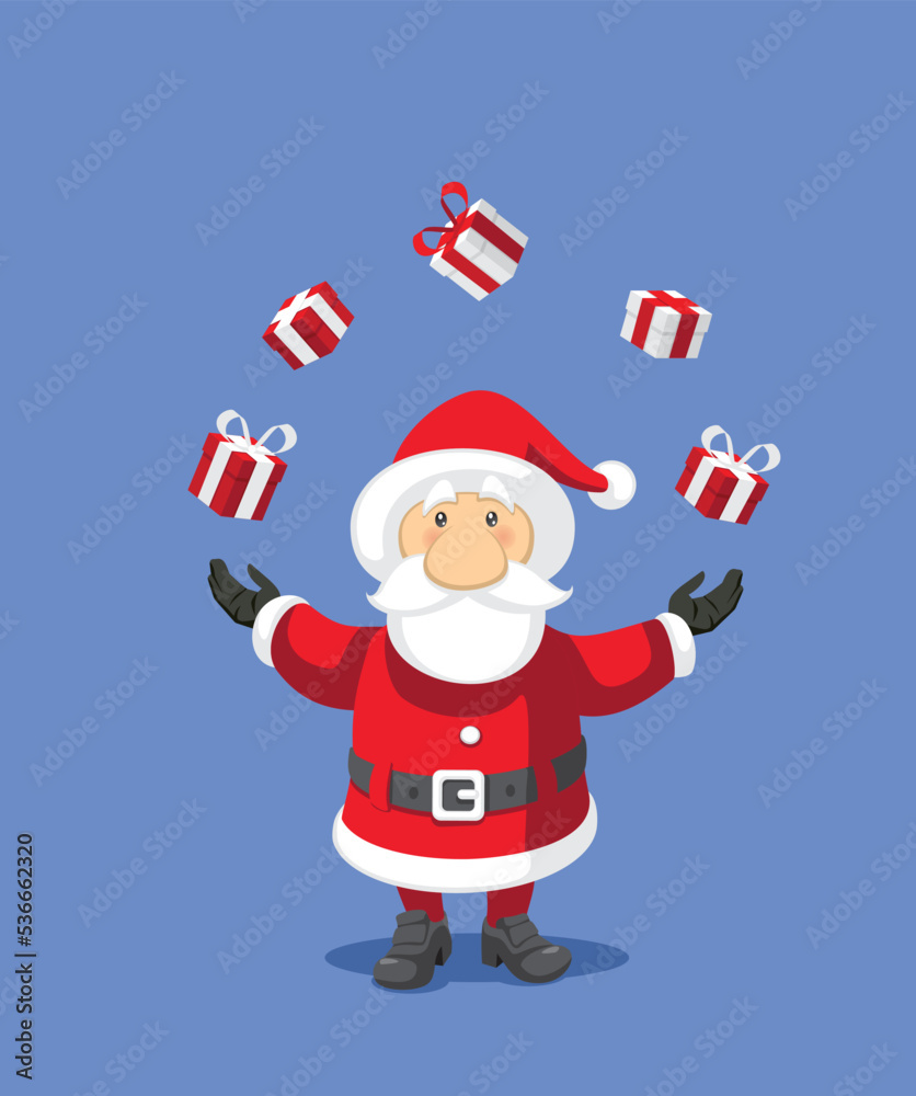 Santa Claus Juggling Christmas Gifts Vector Cartoon Illustration. Cheerful holiday entertainer performing a show on a party invitation
