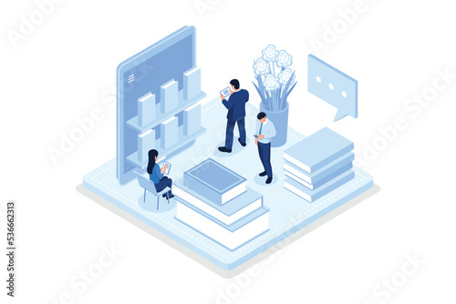 Student Characters Learning Online at Home. Character Reading Book in Online Library and Studying with Smartphone. Mobile Education Concept, isometric vector modern illustration