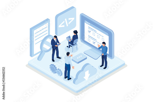 People characters developing software and sending data to cloud storage. Developers team programming and writing program code. Development process concept, isometric vector modern illustration