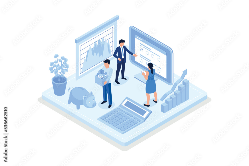 People Character Analyzing Stock Market. Woman Standing near Screen with Graphs, Charts and Diagrams. Businessperson Investing in Stocks. Stock Trading Concept, isometric vector modern illustration