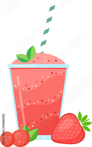 Natural fruit smoothie vector illustration. Sweet protein shake or vegeterian juicy cocktail set in glass cup with straw and fresh fruits for smoothie social media promotion banner