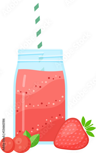 Vegeterian smoothie shake cocktail vector illustration. Glass jar with layers of sweet vitamin juice cocktail or protein shake with fresh fruits for smoothies fitness bar design