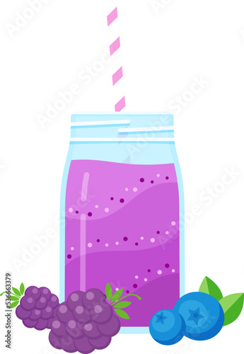 Vegeterian smoothie shake cocktail vector illustration. Glass jar with layers of sweet vitamin juice cocktail or protein shake with fresh fruits for smoothies fitness bar design