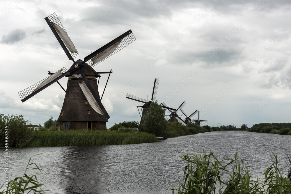 View of the windmills at Kinderdijk, a village in the municipality of Molenlanden, in the province of South Holland, Netherlands