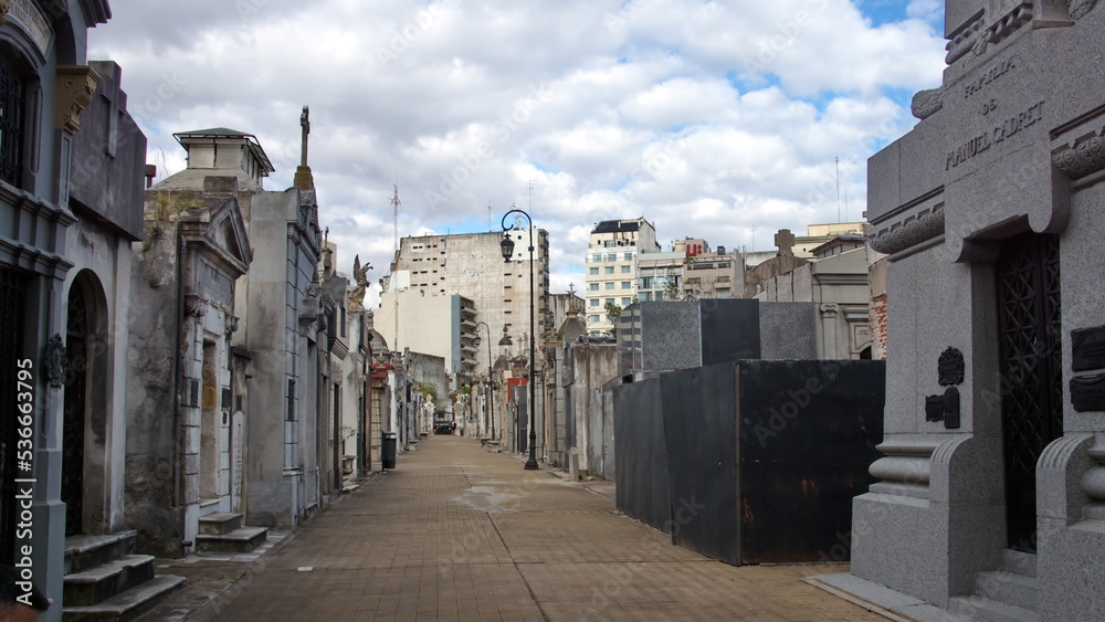 Alley lined with burial crypts in the Recoleta Cemetery, Buenos Aires, Argentina