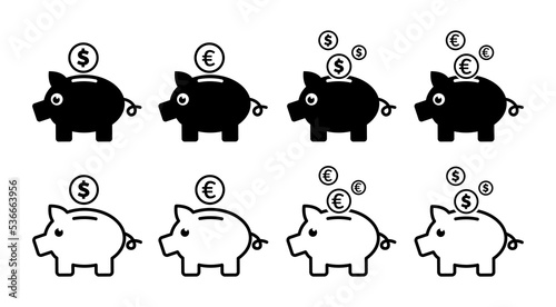 Piggy Bank Icons Set Vector Illustration. Piggybank With Falling Coins. Money Saving Symbols
