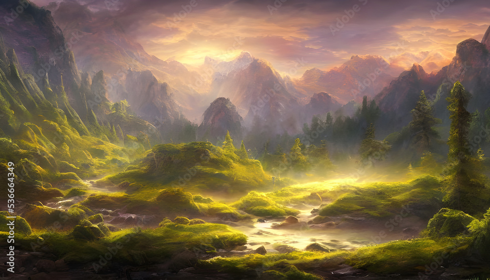 mountains with trees, meadow, clouds and mist - valley landscape wallpaper - fantasy - painted illustration - concept art - background