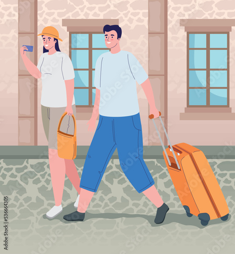 travelers couple in the street
