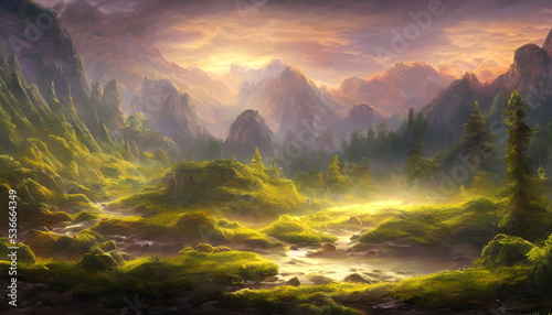 mountains with trees  meadow  clouds and mist - valley landscape wallpaper - fantasy - painted illustration - concept art - background
