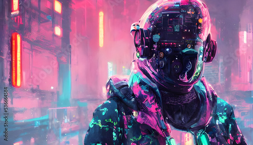 portrait of a human android with neon lights - cyberpunk - futuristic - decorated with traditional Japanese ornaments - concept art - illustration - painting