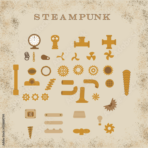 Set of steampunk elements Measuring instruments, cogwheels, and other details