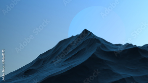 Fototapeta Naklejka Na Ścianę i Meble -  Abstract blue mountain with a planet on the horizon. Futuristic relief mountain. 3D render.