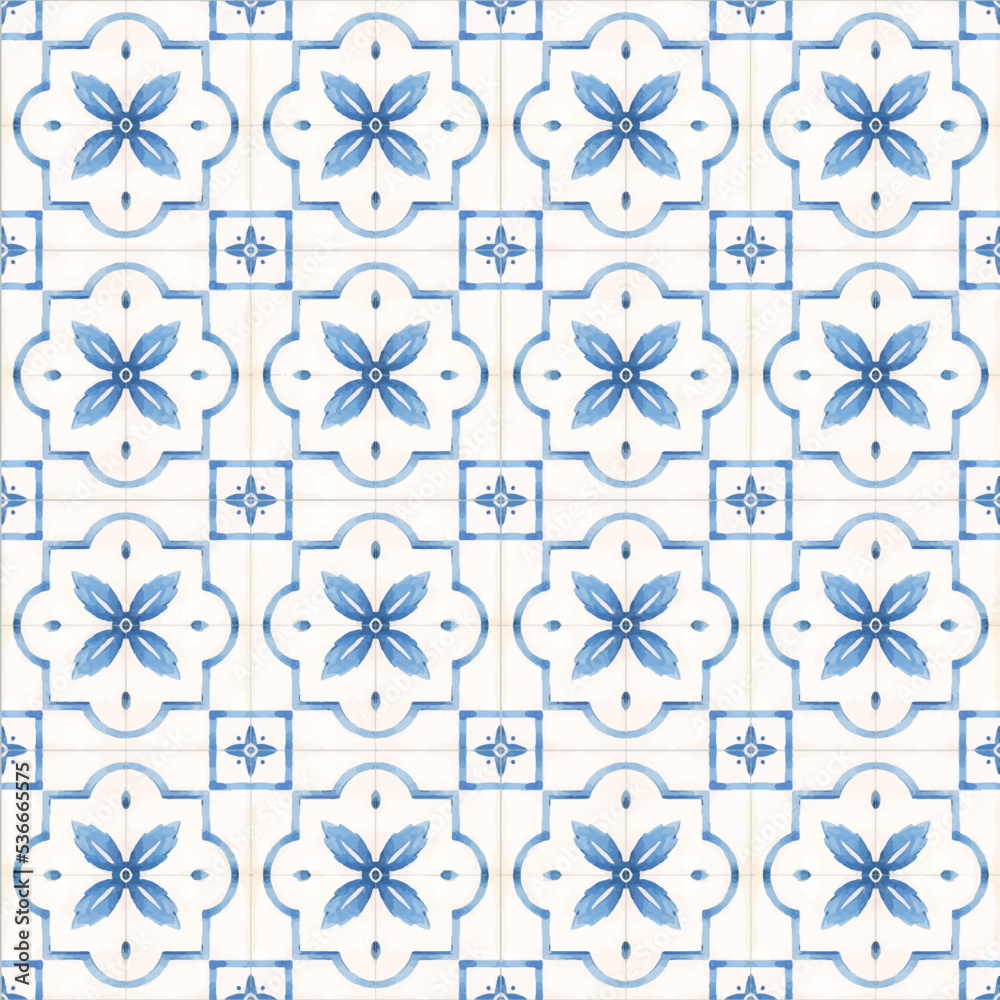 Beautiful vector seamless pattern with watercolor hand drawn blue dutch style tiles . Stock illustration.