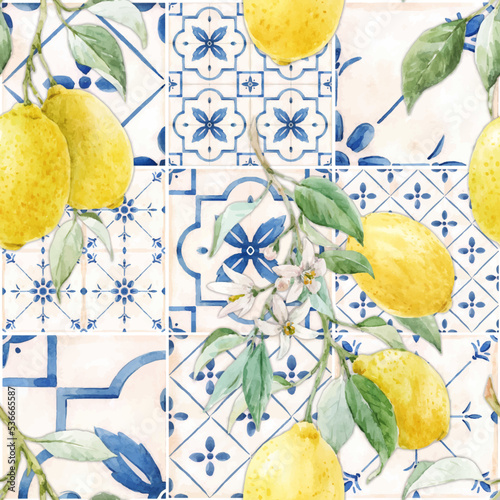 Beautiful vector seamless pattern in Sicilian style with hand drawn watercolor lemons and blue tiles. Stock illustration.