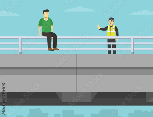 Police officer trying to stop suicide. Suicidal man is about to jump off bridge. Male character sits on a railing of bridge. Flat vector illustration template.