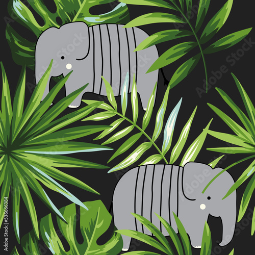 Photography Cute cartoon elephant with exotic tropical leaves seamless vector illustration pattern background