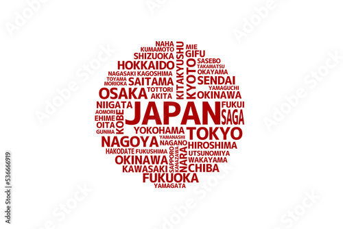 日本の地名の数々で構成した日本国旗風のデザイン Japanese flag style design composed of many Japanese place names. photo