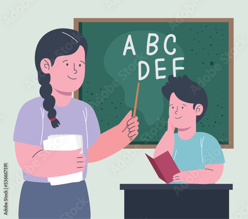 teacher with schoolboy characters