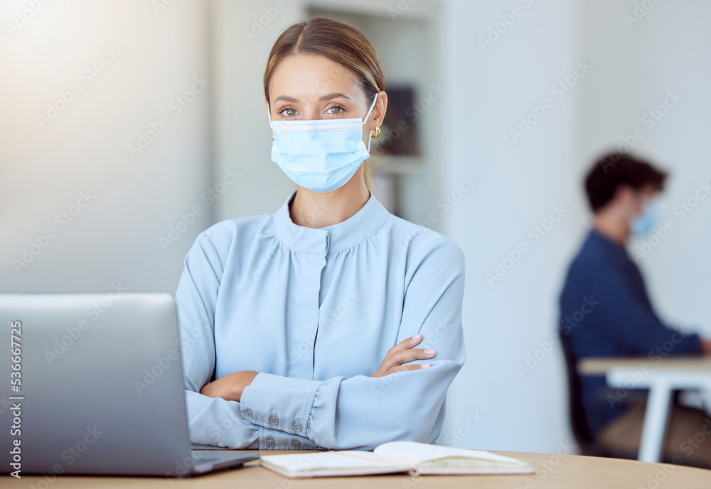 Covid mask, business woman by a computer in a office ready to start with online research. Portrait of a female employee and worker about to use pc technology, internet and digital tech in a office