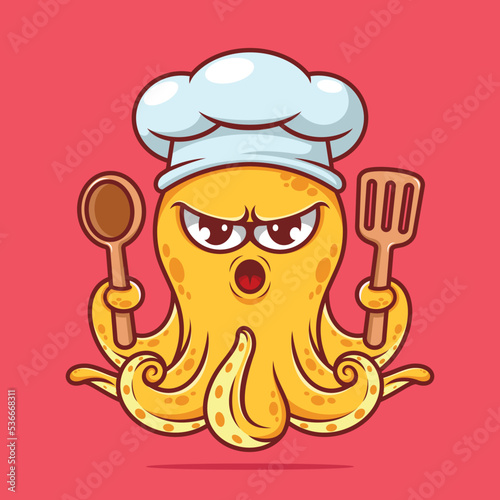 Cute yellow octopus chef with cooking ware wearing chef hat cartoon vector