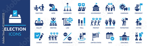 Election and voting icon set. Containing democracy, vote, government, voting, campaign, political, voter, ballot, candidate and president icons. Solid icons vector collection. photo