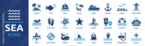 Sea and summer vacation icon set. Tourism symbol. Outdoor activities and marine life concept. Solid icons vector collection.
