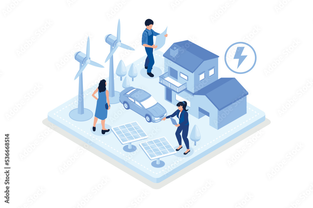 Character using smart grid technology to control his smart house with wind electricity generators, solar panels and electric car. Renewable and eco energy, isometric vector modern illustration Character using smart grid technology to control his smart house with wind electricity generators, solar panels and electric car. Renewable and eco energy, isometric vector modern illustration