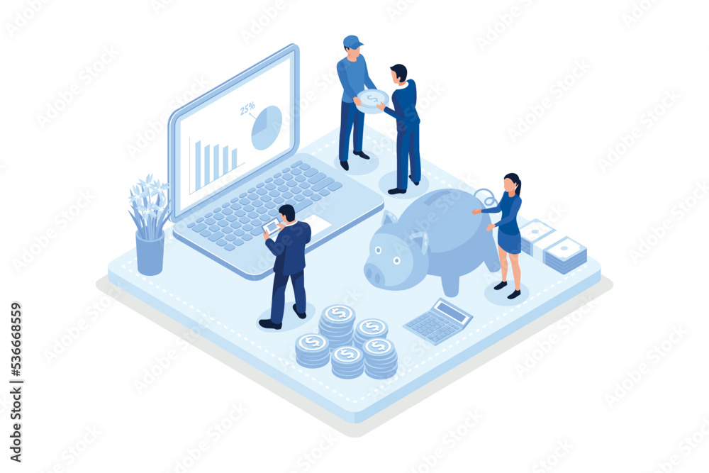 Character typing on laptop with financial report on screen. Accountant managing budget and making savings. Saving money and economy concept, isometric vector modern illustration Character typing on laptop with financial report on screen. Accountant managing budget and making savings. Saving money and economy concept, isometric vector modern illustration