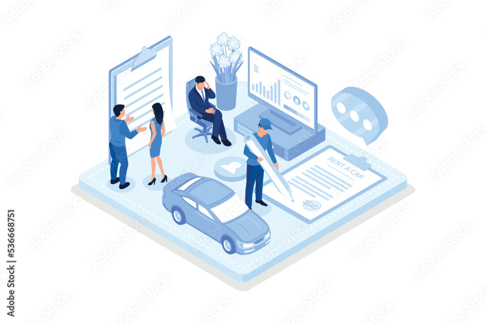 Man Character Buying or Renting Car and Signing Auto Insurance Policy Form. Insurance Agent or Salesman providing Security Document. Auto Care and Protection Concept, isometric vector modern illustrat Man Character Buying or Renting Car and Signing Auto Insurance Policy Form. Insurance Agent or Salesman providing Security Document. Auto Care and Protection Concept, isometric vector modern illustrat