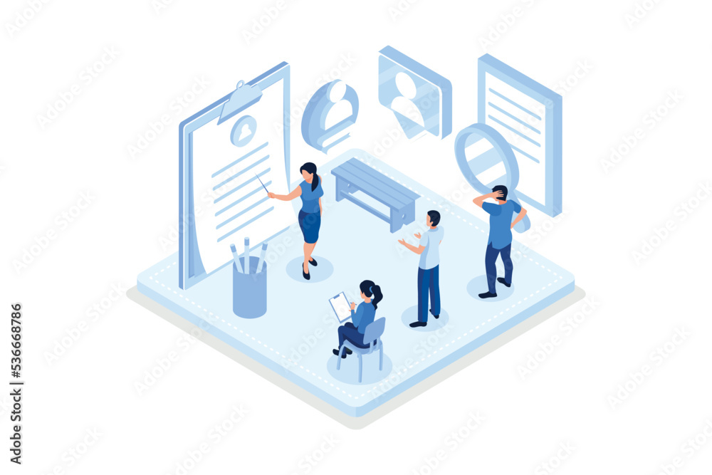 Hr manager presenting potential job candidate. Recruitment process. Human resource management and hiring concept, isometric vector modern illustration Hr manager presenting potential job candidate. Recruitment process. Human resource management and hiring concept, isometric vector modern illustration