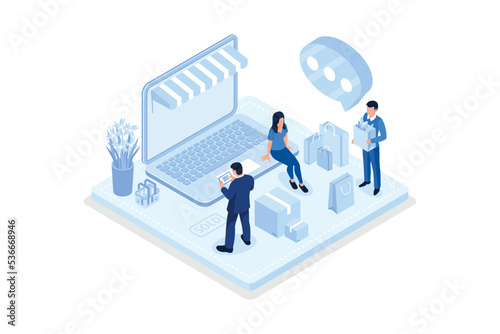 Character buying goods online on internet marketplace. Woman shopping online on laptop. Shopping and retail concept, isometric vector modern illustration