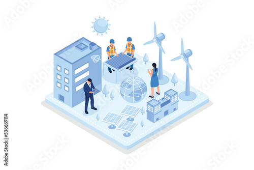 Sustainable ESG industry with windmills and solar energy panels. Environmental, Social, and Corporate Governance concept, isometric vector modern illustration