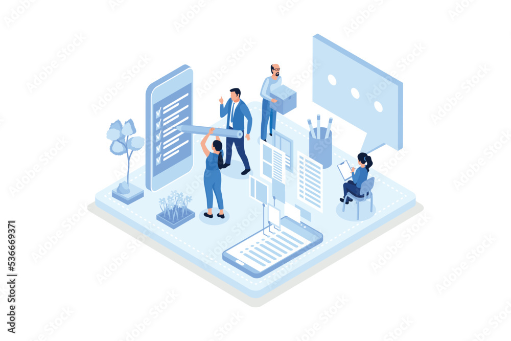 People Character Holding Pencil and Putting Check Mark on Checklist on Smartphone. Survey From Filling. Business Organization and Planning Concept, isometric vector modern illustration