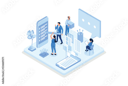 People Character Holding Pencil and Putting Check Mark on Checklist on Smartphone. Survey From Filling. Business Organization and Planning Concept, isometric vector modern illustration © Alwie99d