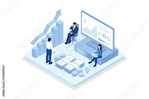 Characters analyzing financial data and planning investment strategy. People examining financial graphs, charts and diagrams. Financial management concept, isometric vector modern illustration