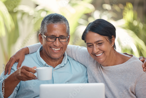 Video call, coffee garden and senior couple in communication with family on the internet, happy with comic movie and reading email in morning. Elderly people relax with tea and 5g laptop in nature