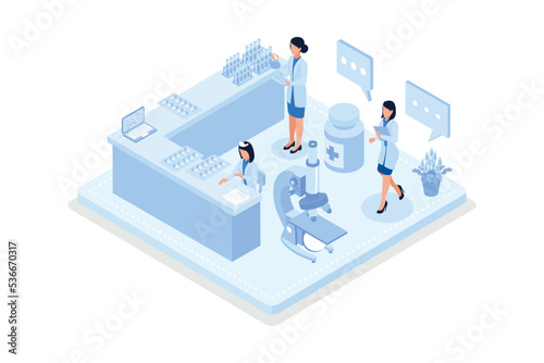 Doctor Pharmacist in Drugstore points on Medical Prescription. Medicine Pills, Capsules and Bottles Lying near. Health Care and Pharmacy Concept, isometric vector modern illustration