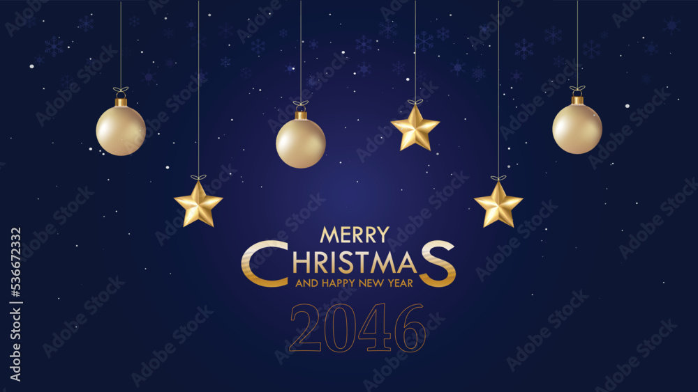 Fototapeta premium Christmas ornament golden balls and stars on blue gradient background.