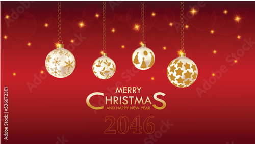 Christmas ornament golden balls brightening stars on red bubbles background.