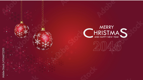 Christmas ornament red balls snowflake decoration on red gradient background. 