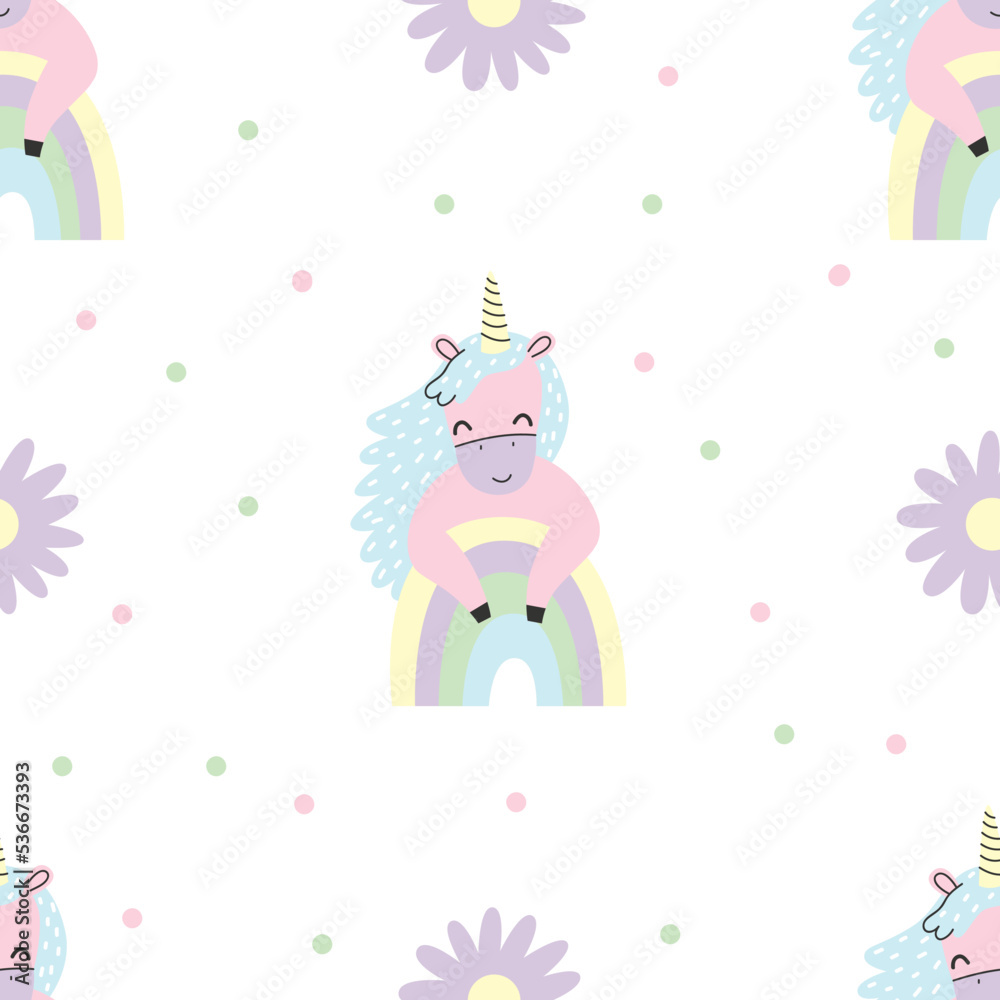 Seamless pattern with cute pink unicorn, rainbow and flower. Vector illustration