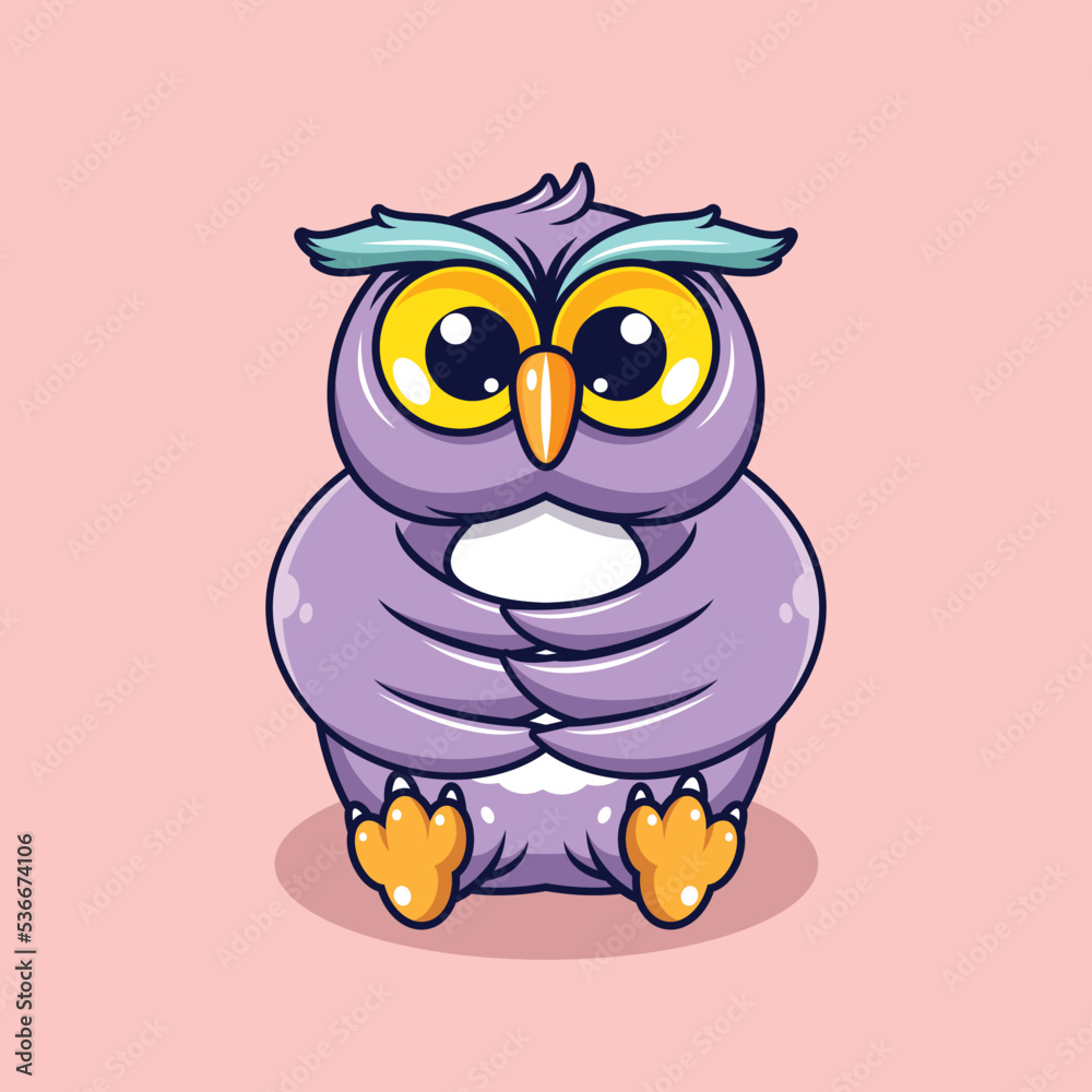 Cute baby owl reading a book with serious face cartoon illustration