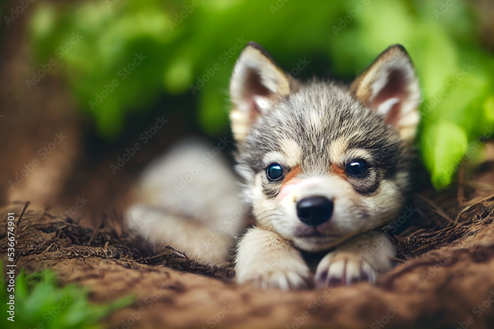 Obraz premium Wolf newborn cub. Generative AI
