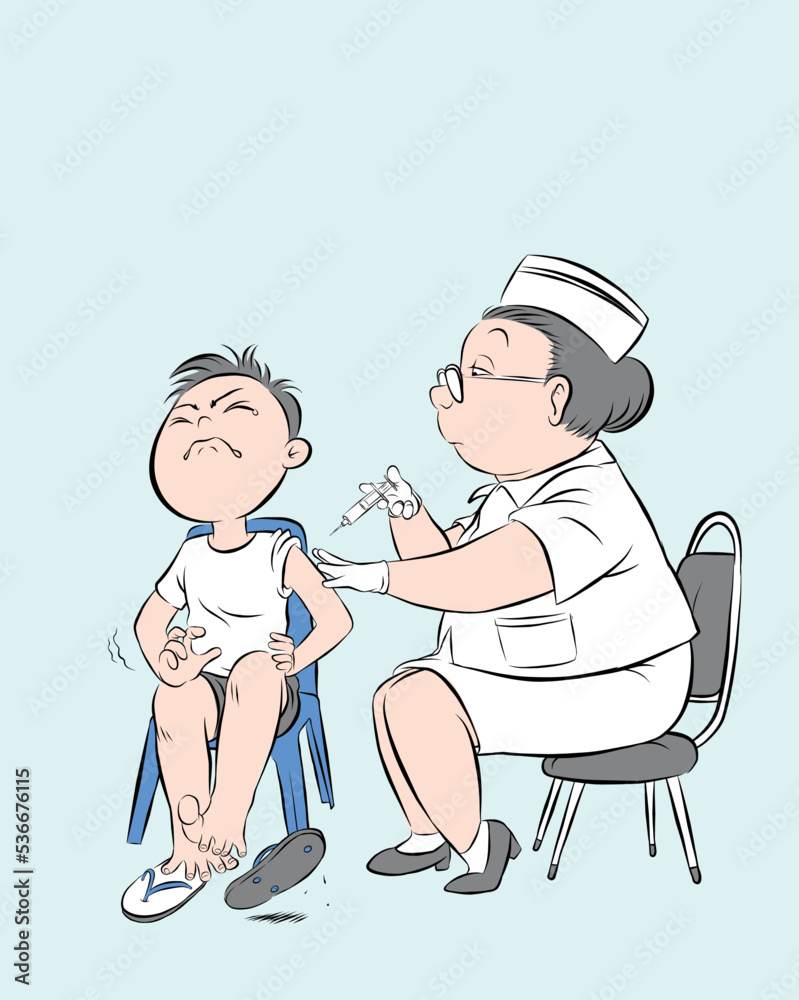 Doctor holding syringe and making a vaccination in the shoulder of child patient in hospital. vector illustration isolated cartoon hand drawn Doctor holding syringe and making a vaccination in the shoulder of child patient in hospital. vector illustration isolated cartoon hand drawn