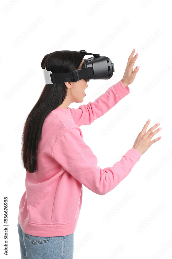 Woman using virtual reality headset on white background Woman using virtual reality headset on white background
