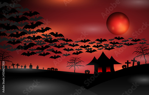 Halloween background with scary pumpkins, haunted house, tombstones, crosses, gravestones, spooky trees, flying bats and blood full moon. Black silhouettes horror Halloween concept.