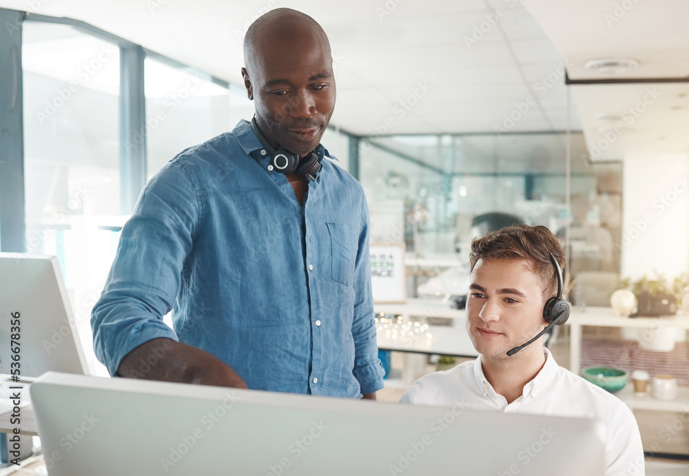 Man learning customer service training for telemarketing call center